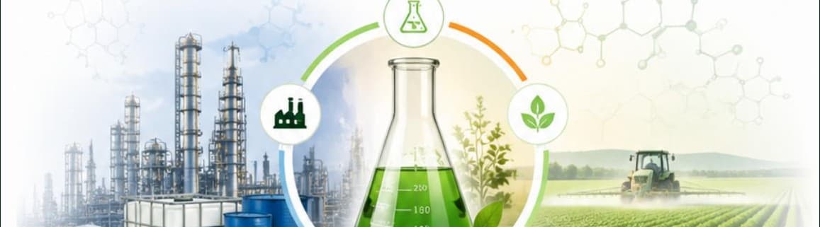 Industrial chemical manufacturing imagery from MAAC's own product catalogue, spanning a chemical plant, a lab flask, and farmland.